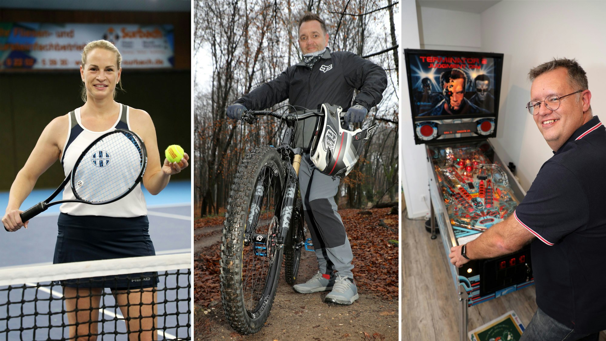Jungfrau Steffi (Stephanie Müller) beim Tennisspielen, Prinz Christian I. (Althaus) auf dem Mountainbike und Bauer Michael (Schlaeger) an seinem Flipper.
