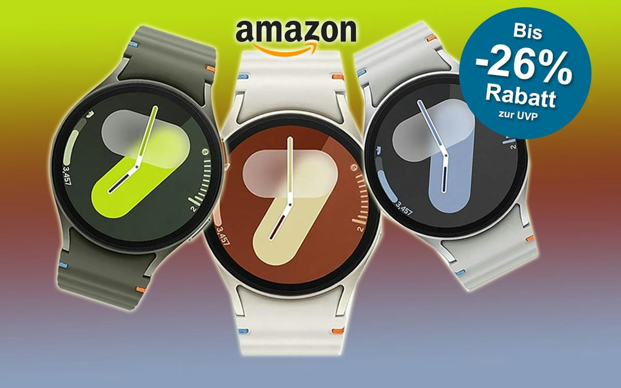 Verschiedene Farben der Samsung Galaxy Watch7 sind vor einem Hintergrund mit Farbverlauf angeordnet.