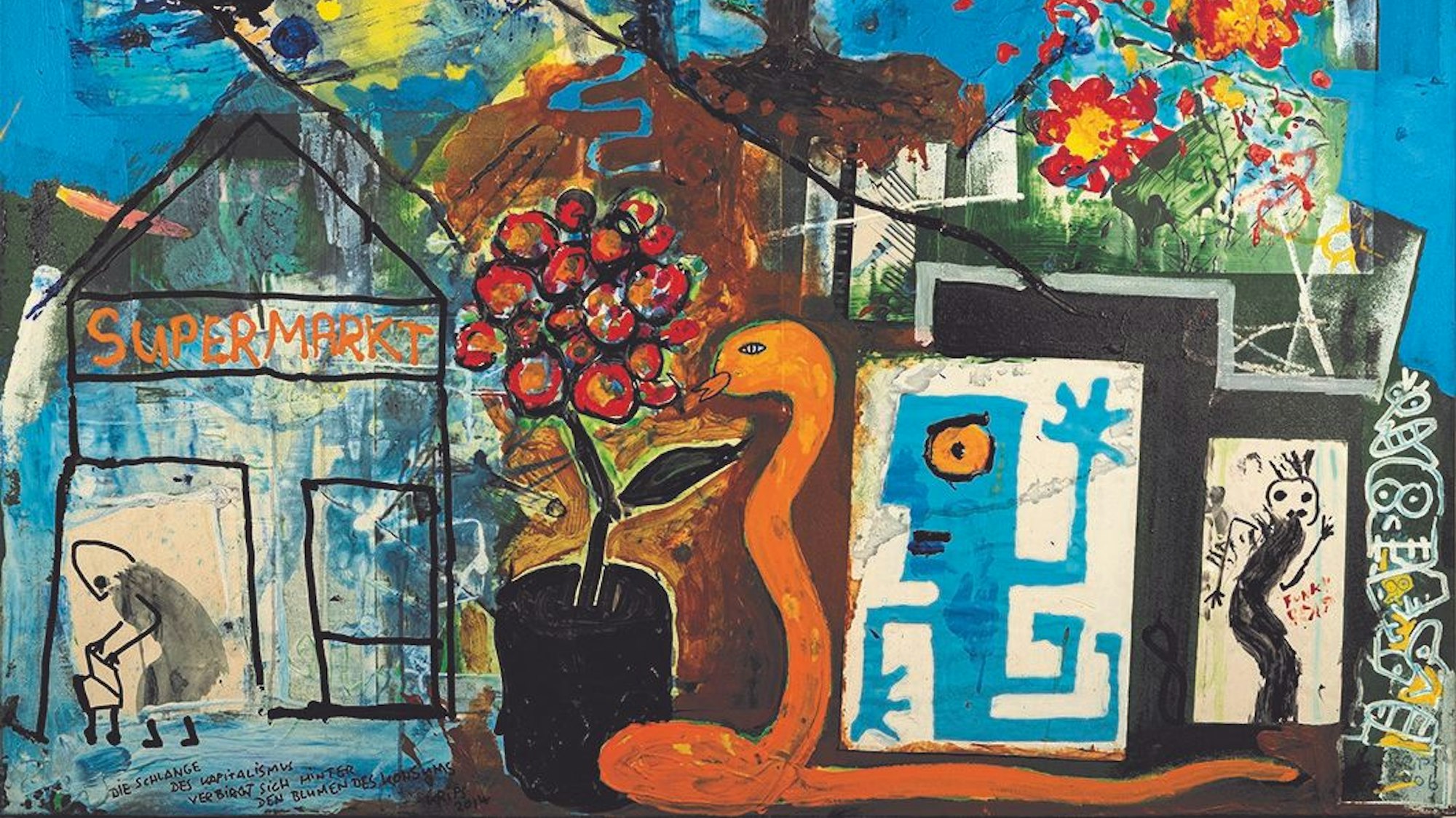 Ein großes buntes Bild mit allerlei Strichmännchen und Häusern ist zu sehen.