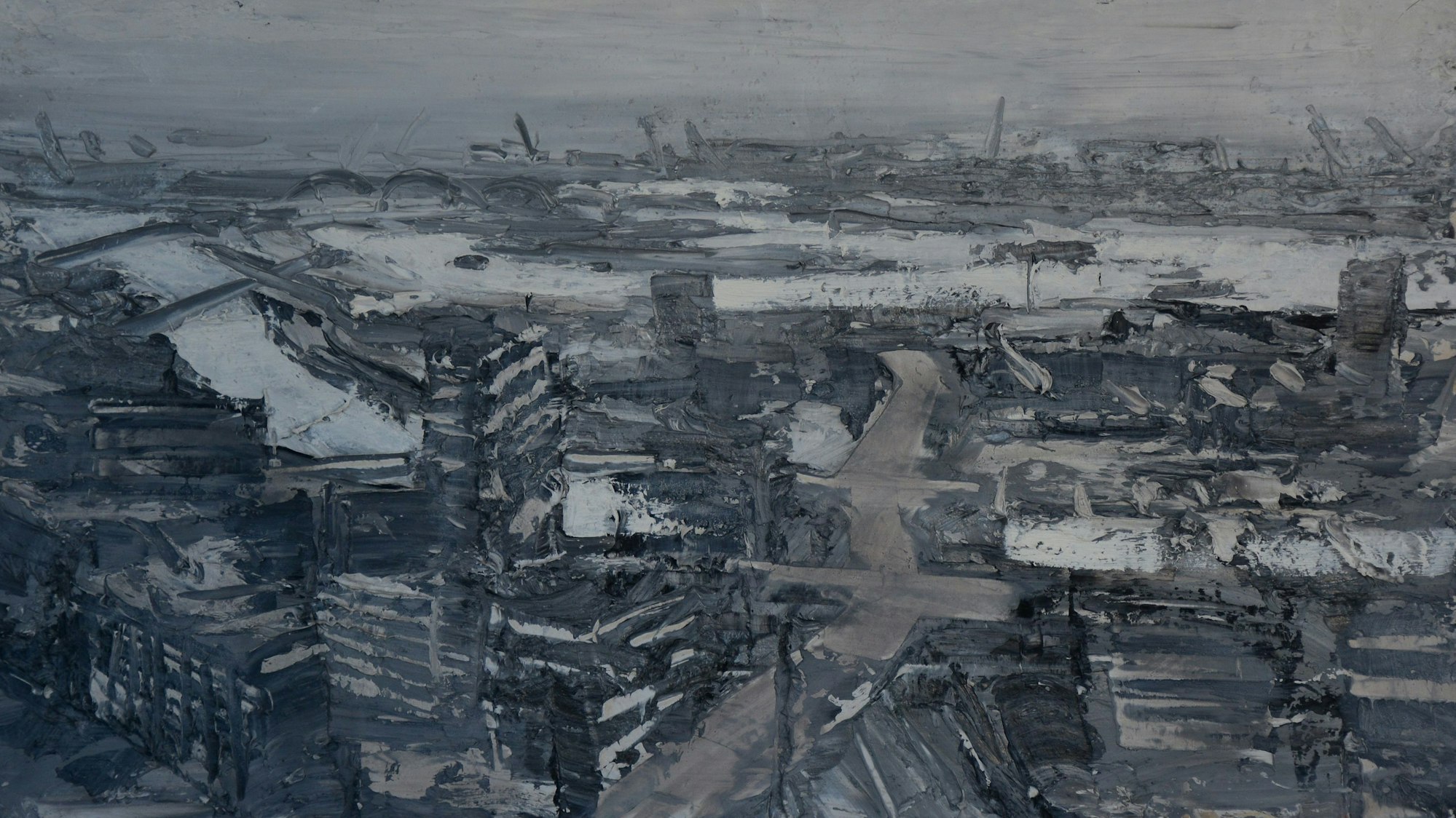 Ein gemaltes Bild zeigt die Hansestadt Hamburg mit den Hafenkränen am Horizont.