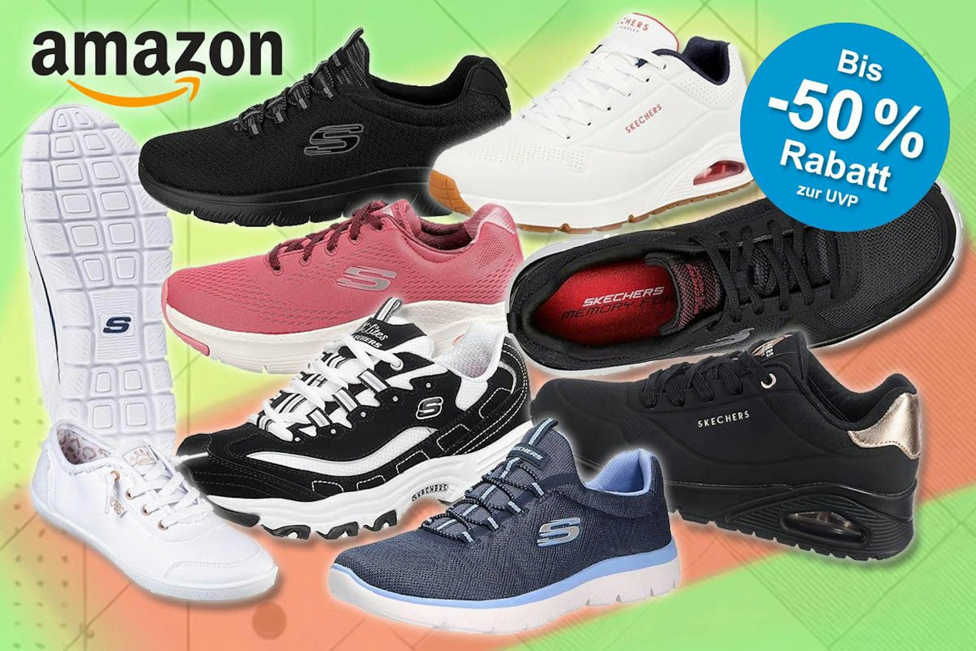 Verschiedene Skechers Sneaker Modelle mit unterschiedlichen Farben vor einem bunten Hintergrund.