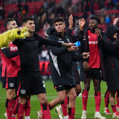 Die Bayer-04-Profis feiern ihren Heimsieg gegen die TSG Hoffenheim.