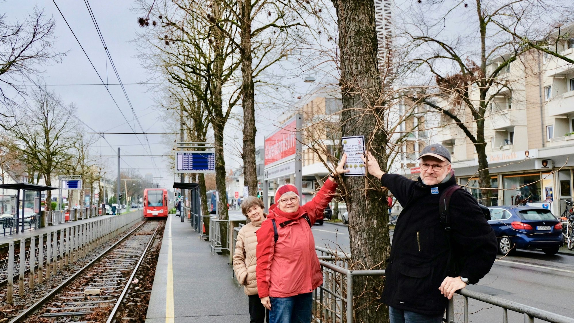 Zwei Frauen und ein Mann befestigen Infoschilder an Bäumen.