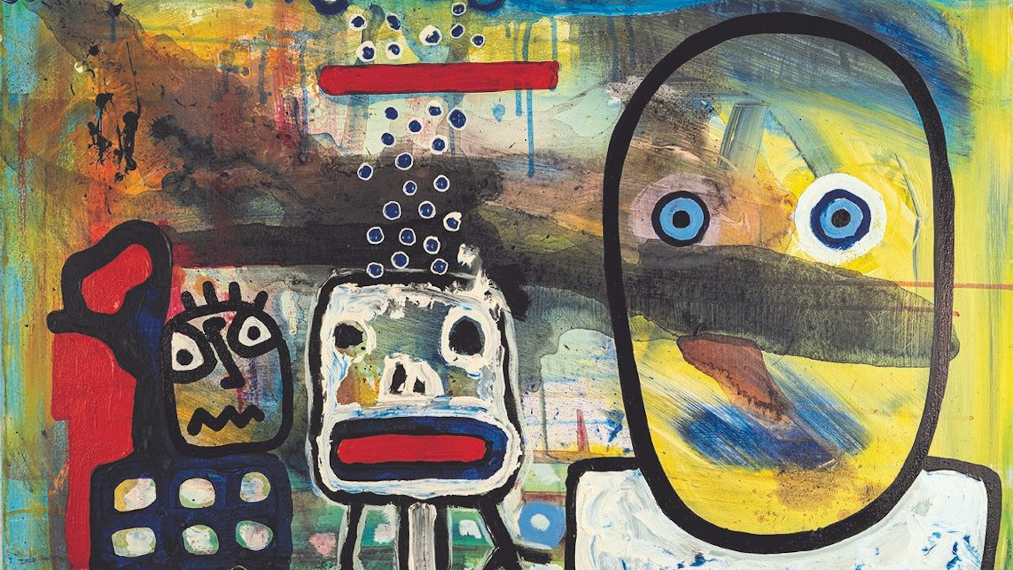 Ein großformatiges Bild zeigt drei bunte comichafte Figuren.