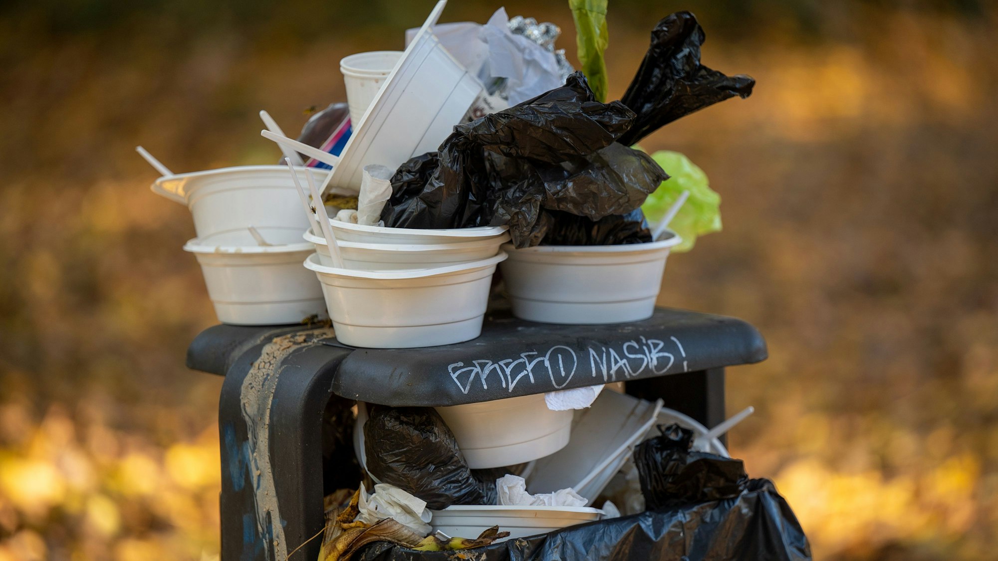 Benutze Einwegbehälter und Teller stapeln sich auf einem überfüllten Mülleimer in einem Park.