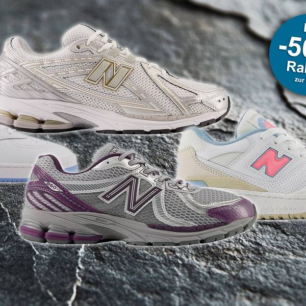 Darstellung von New Balance Sneakern auf einem Steinhintergrund.