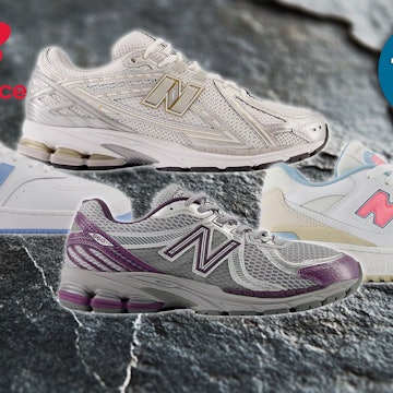 Darstellung von New Balance Sneakern auf einem Steinhintergrund.