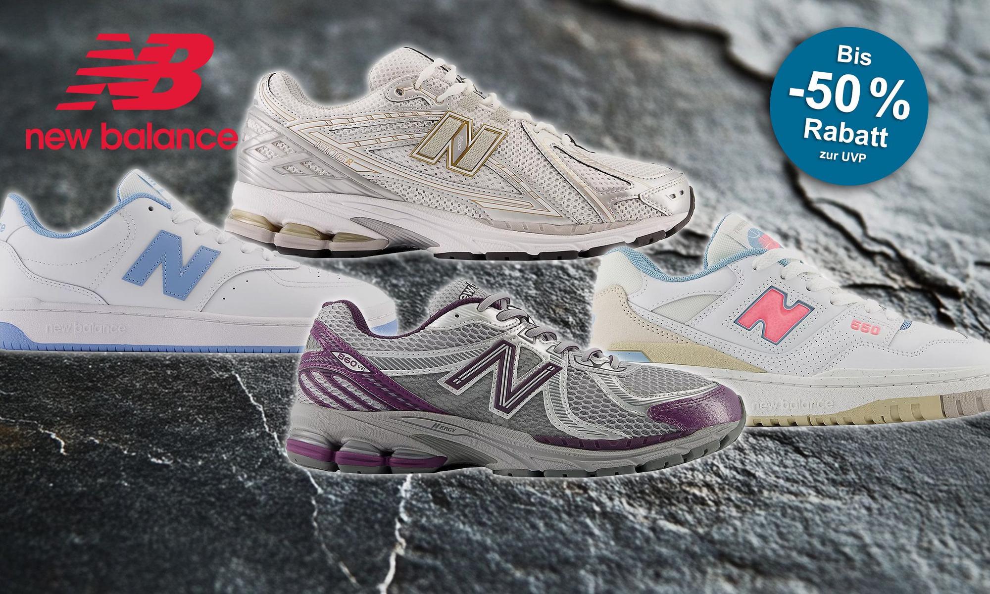 Darstellung von New Balance Sneakern auf einem Steinhintergrund.