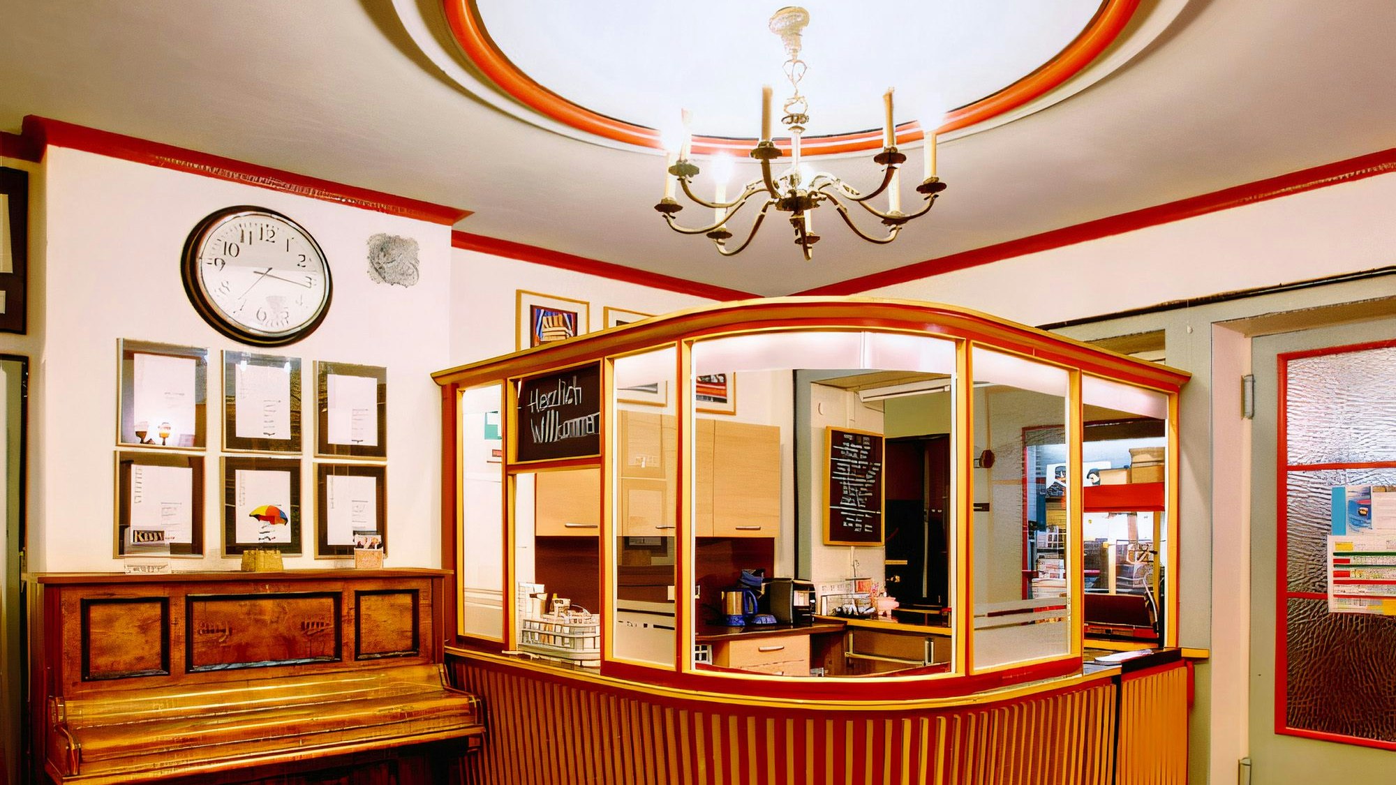 Der Verkaufsstand in einem Kino wird von einem Kronleuchter angestrahlt.