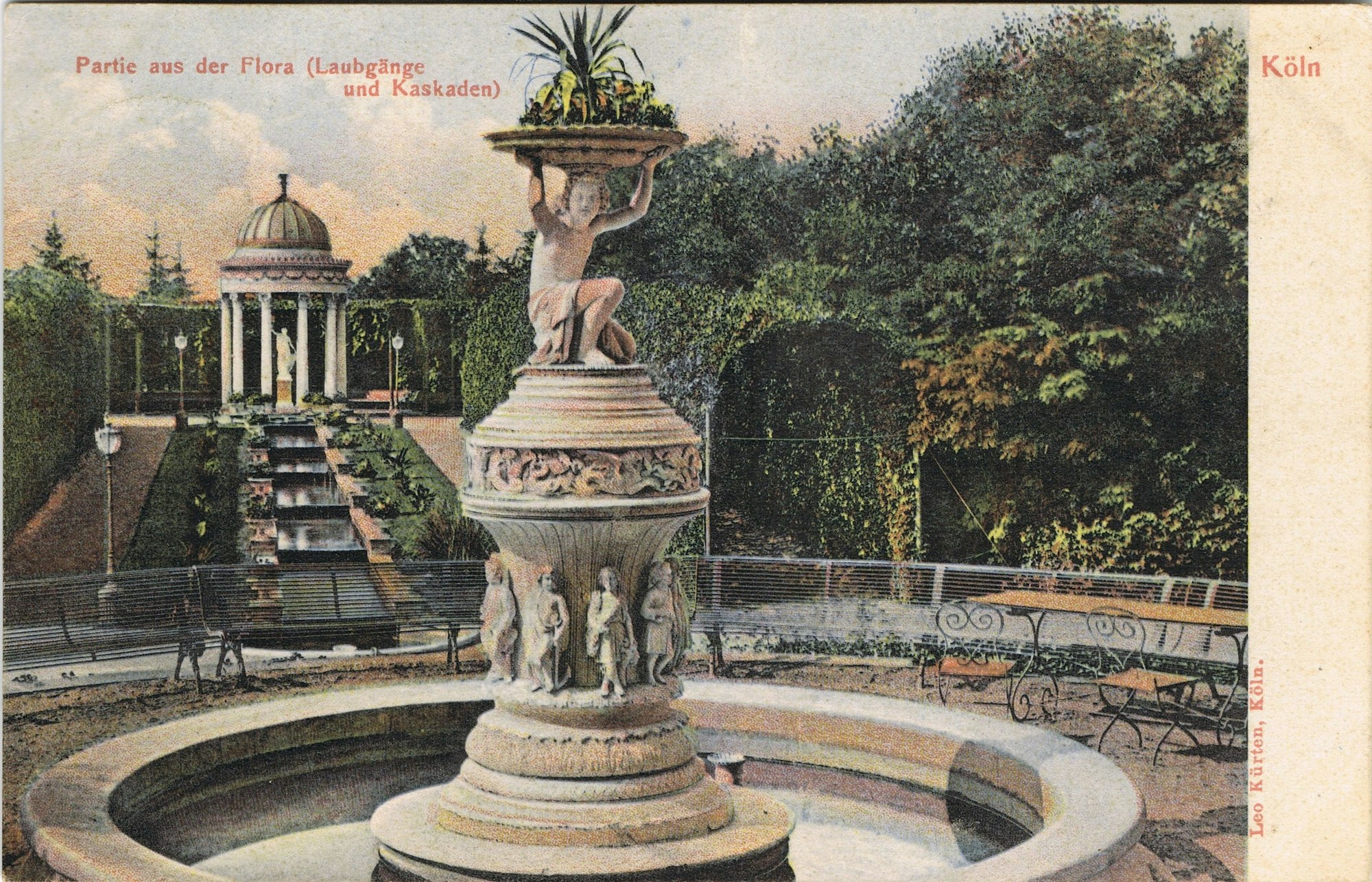 Eine historische Darstellung der Kölner Flora, ca. 1870: Die Kaskade wurde einst von einem Brunnen und einem Tempel mit der Flora-Figur eingefasst.