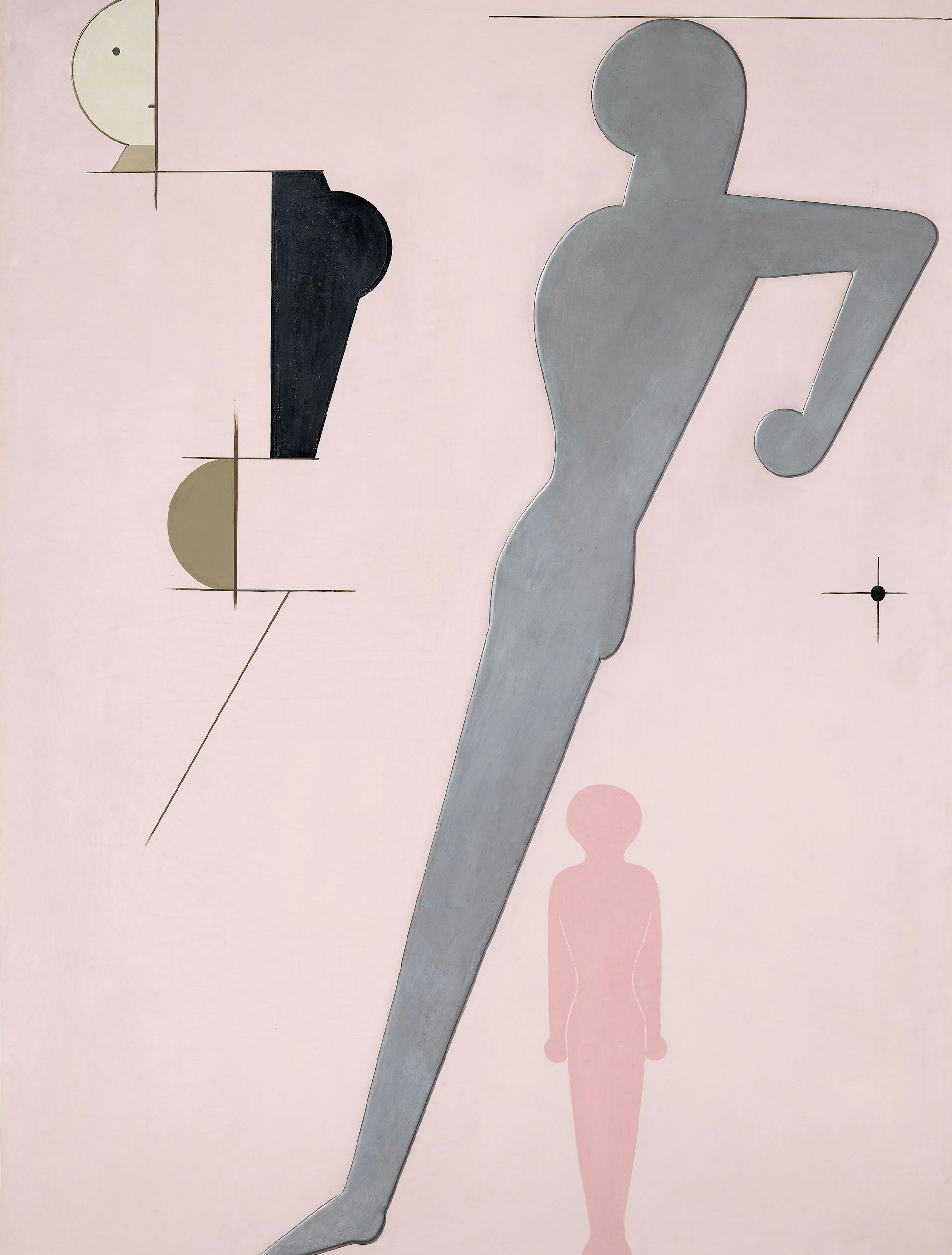 Menschliche Silhouetten stehen auf einem rosafarbenen Hintergrund.