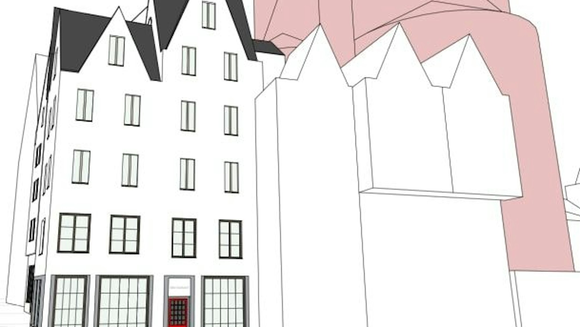 Für den Wiederaufbau der Giebelhäuschen sieht Paul Böhm neue Fensterformen und einen hellen Verputz vor.