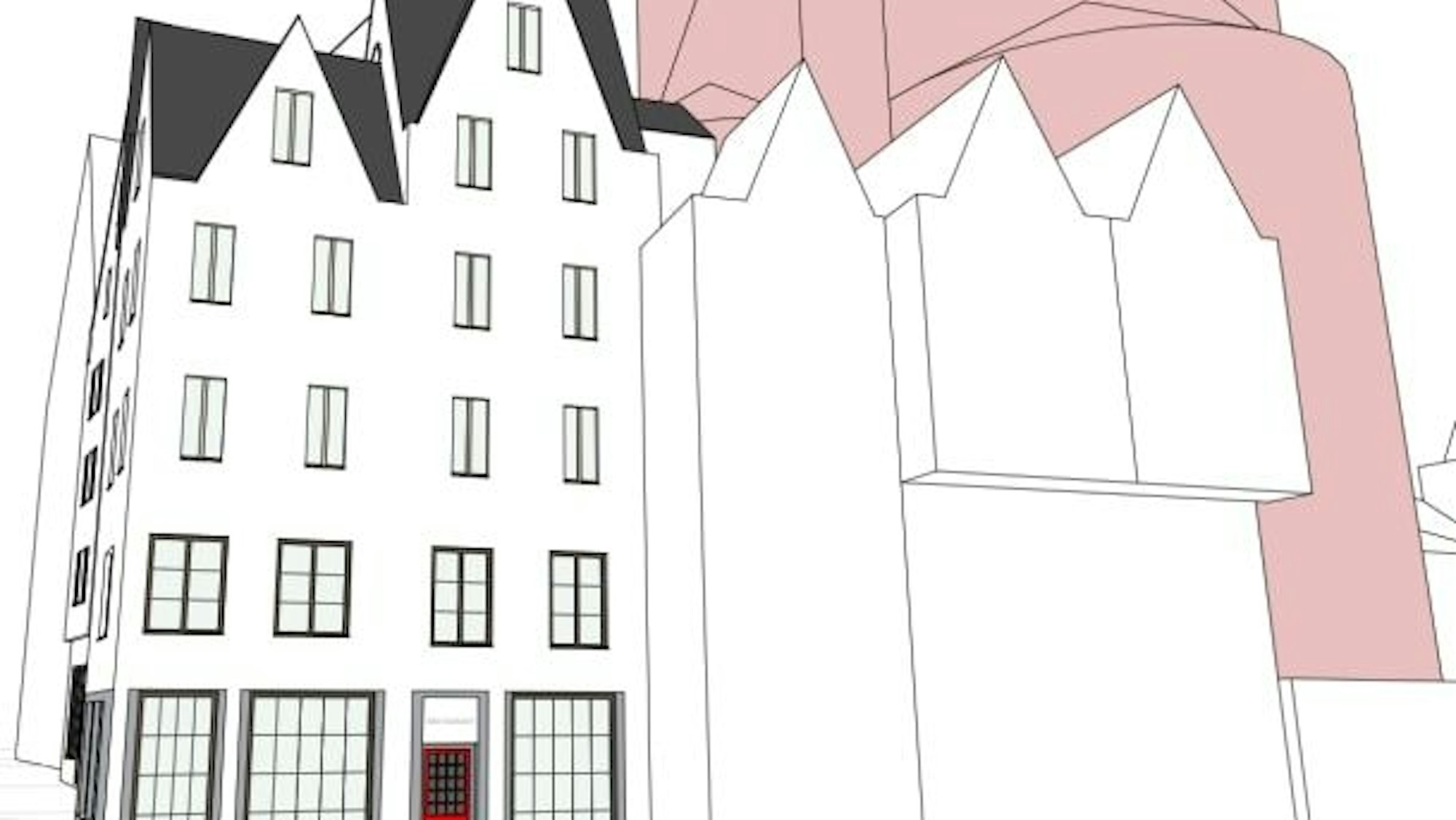 Für den Wiederaufbau der Giebelhäuschen sieht Paul Böhm neue Fensterformen und einen hellen Verputz vor.