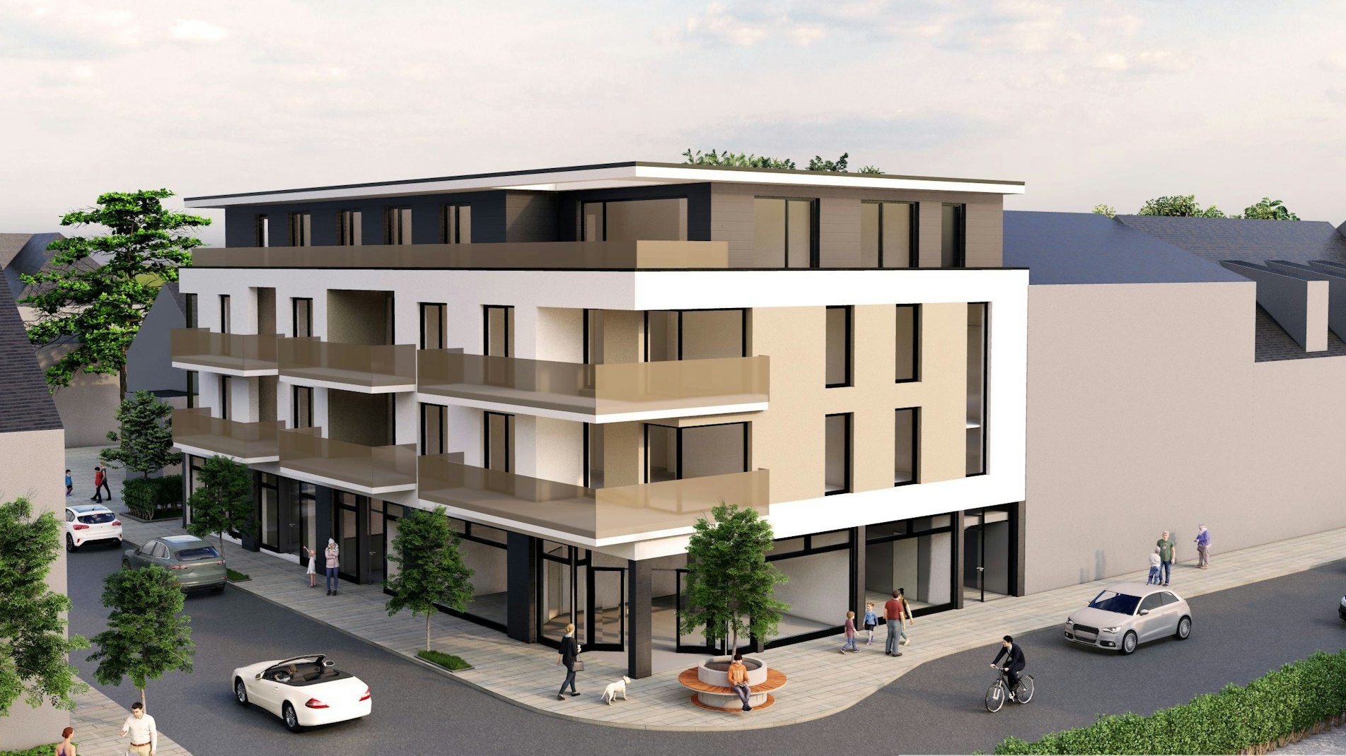 Die 3D-Visualisierung zeigt den Entwurf eines Wohnbauprojekts an der Ecke Bahnstraße/Arembergstraße in Mechernich.