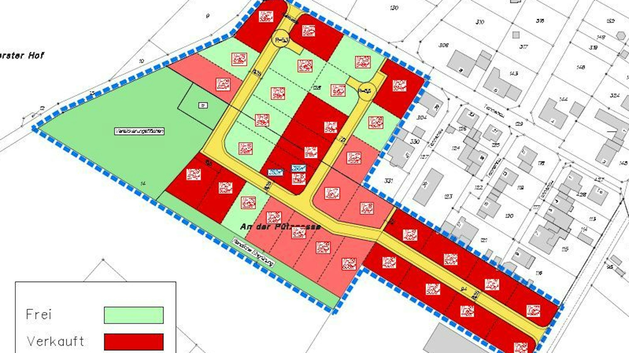 Ein Parzellierungsplan mit hellgrün, grün und rot eingefärbten Flächen.
