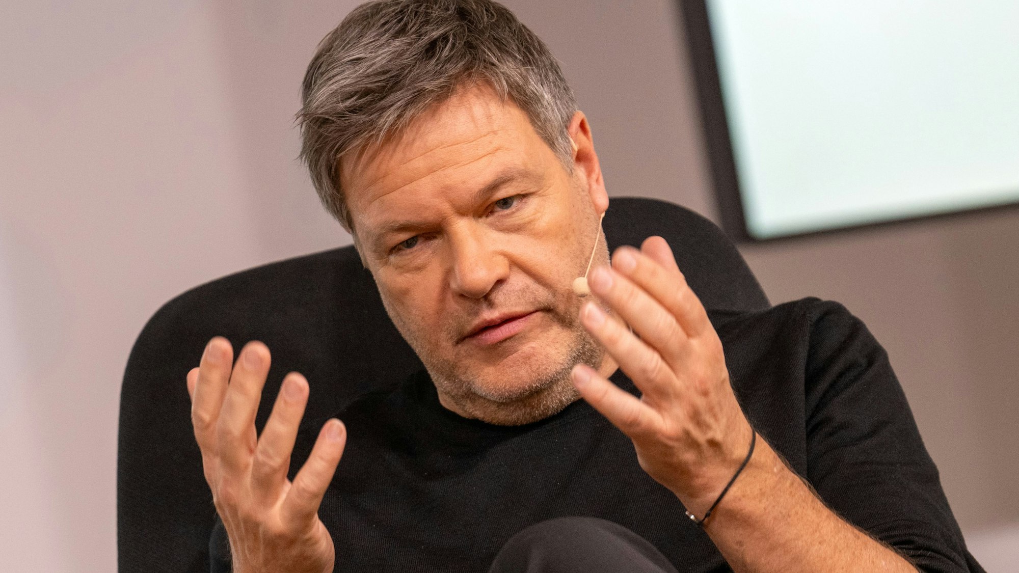 ARCHIV - 18.01.2025, Bayern, München: Robert Habeck, Spitzenkandidat von Bündnis 90/Die Grünen, gestikuliert bei Personio im Gespräch mit dem Vorstandsvorsitzenden. (zu dpa: «Habeck will Konsens-Signal mit Merz und Scholz») Foto: Stefan Puchner/dpa +++ dpa-Bildfunk +++
