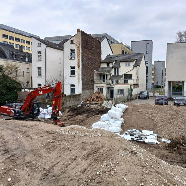 Ein Bagger vor einem Graben und einer Häuserzeile.