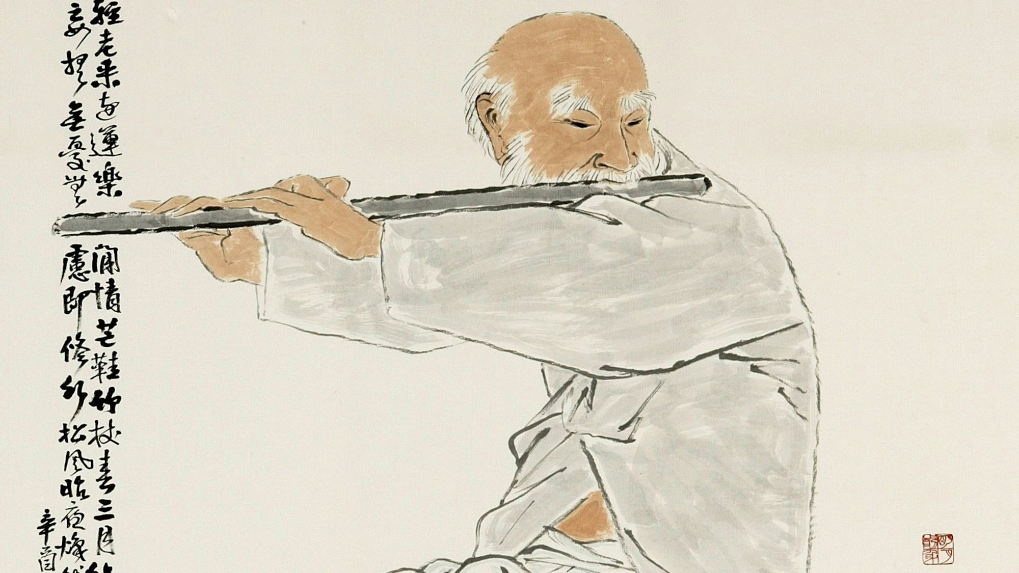 Auf dem Foto ist ein gemalter Mann zu sehen, der auf einer Querflöte spielt.