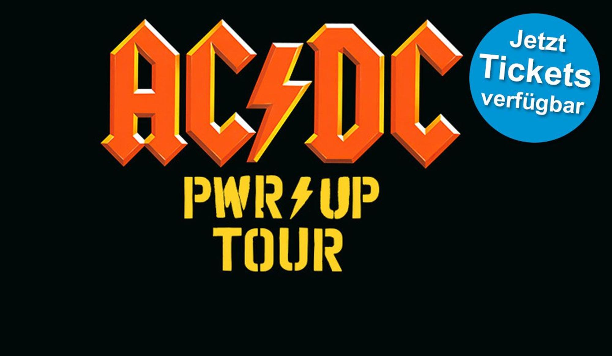 AC/DC Band-Logo und Design der PWR UP Tour vor schwarzem Hintergrund.