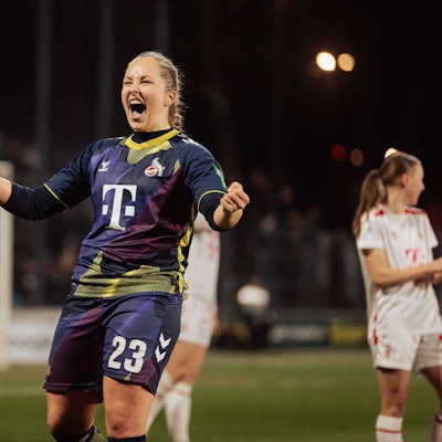 07.02.25, Frauen, Fussball, 1.BL, Saison 2024/2025, 1.FC Köln - VfL Wolfsburg, 13. Spieltag Aurora Mikalsen 23 vom 1.FC Koeln Jubelpose KOELN Franz-Kremer-Stadion NRW Deutschland