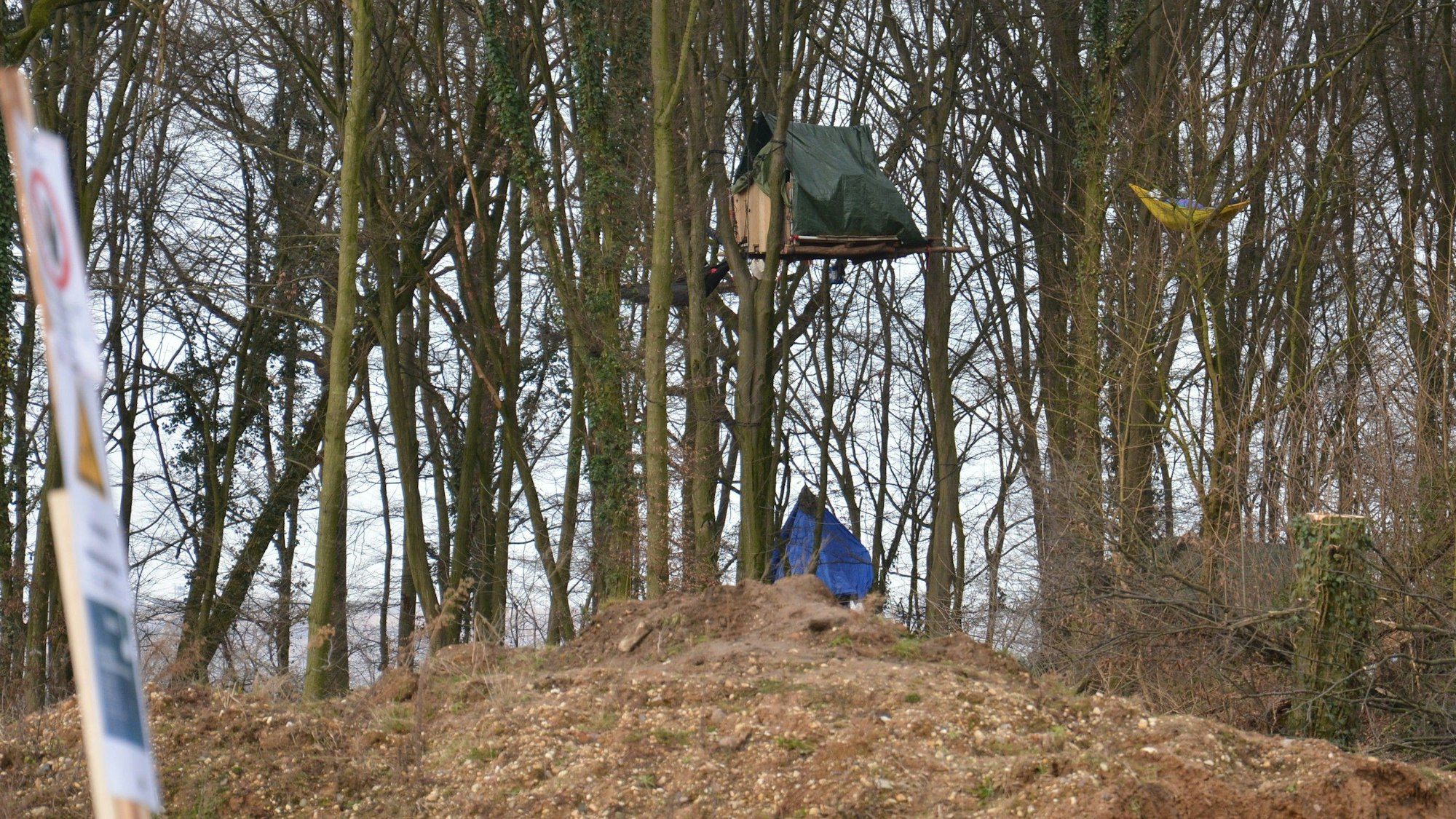 Das Bild zeigt ein Baumhaus im Sündenwäldchen auf dem Vorfeld vom Tagebau Hambach.