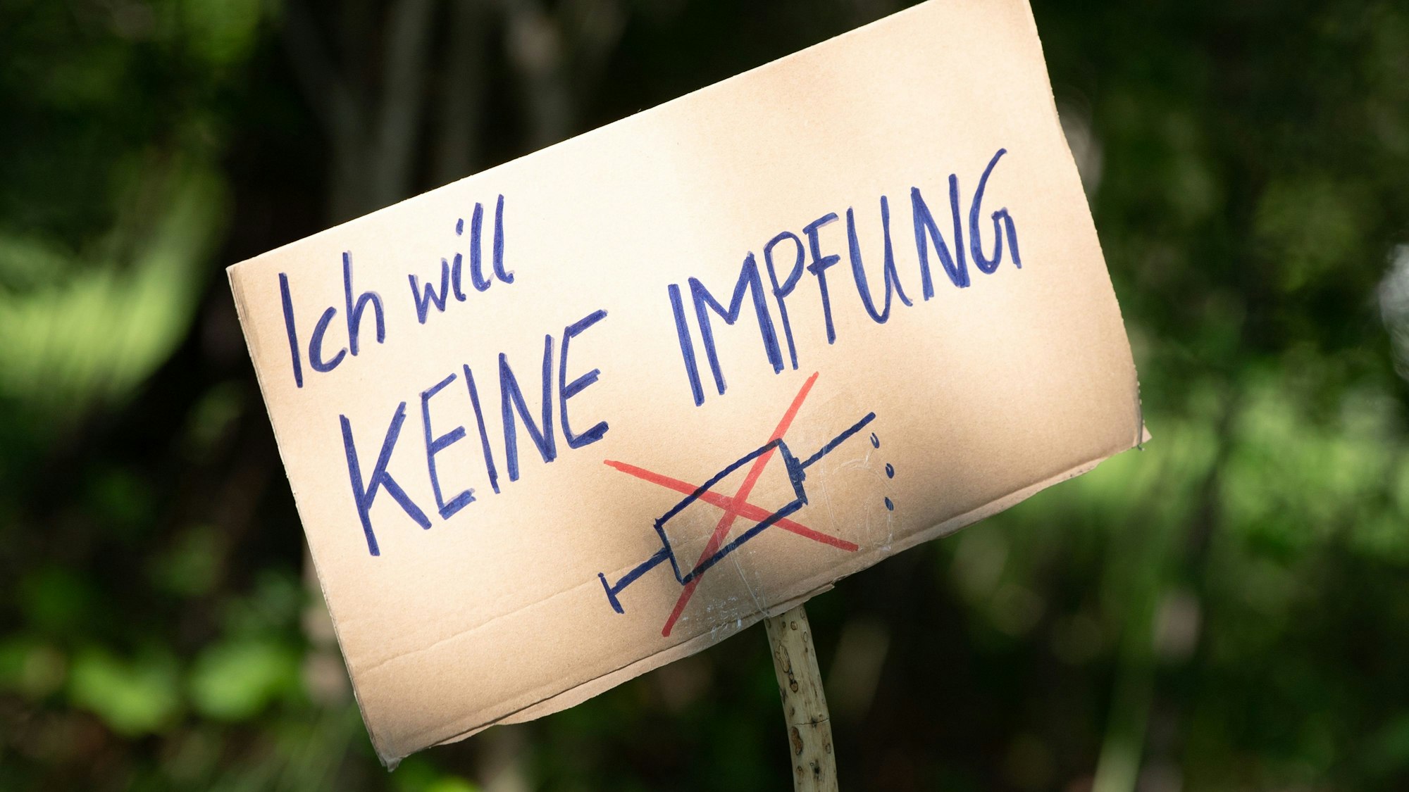 Ein Schild mit der Aufschrift «Ich will keine Impfung» steht am Rande einer Kundgebung von Anhängern von Verschwörungstheorien zur Corona-Krise im Großen Garten auf einer Wiese. (zu dpa «Verdienstausfall für Ungeimpfte - was Arbeitnehmer wissen müssen») +++ dpa-Bildfunk +++