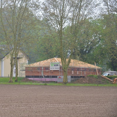 Ein gelbes Haus unter Linden.