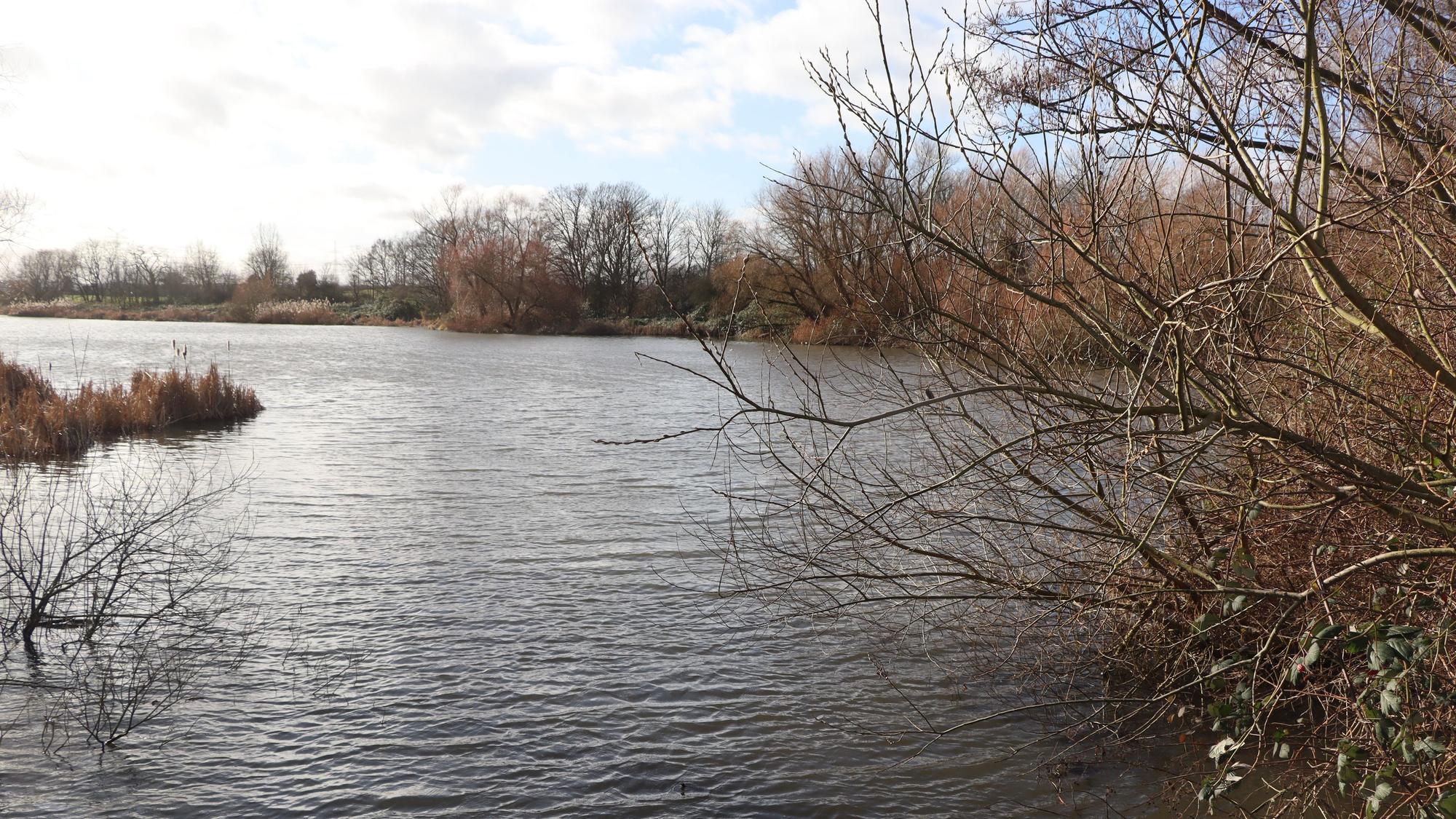 Zu sehen ist ein See mit Ufer.