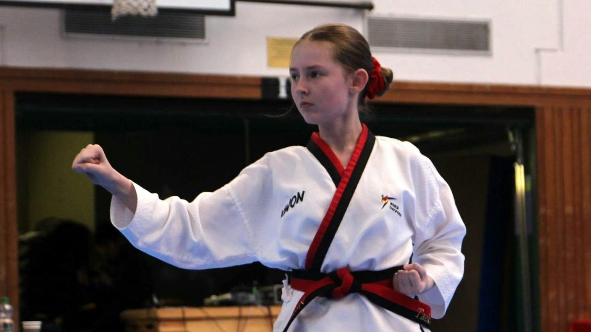 Alexandra Simin in einer Pose des Taekwondo, im Hintergrund sind zwei Männer zu sehen.