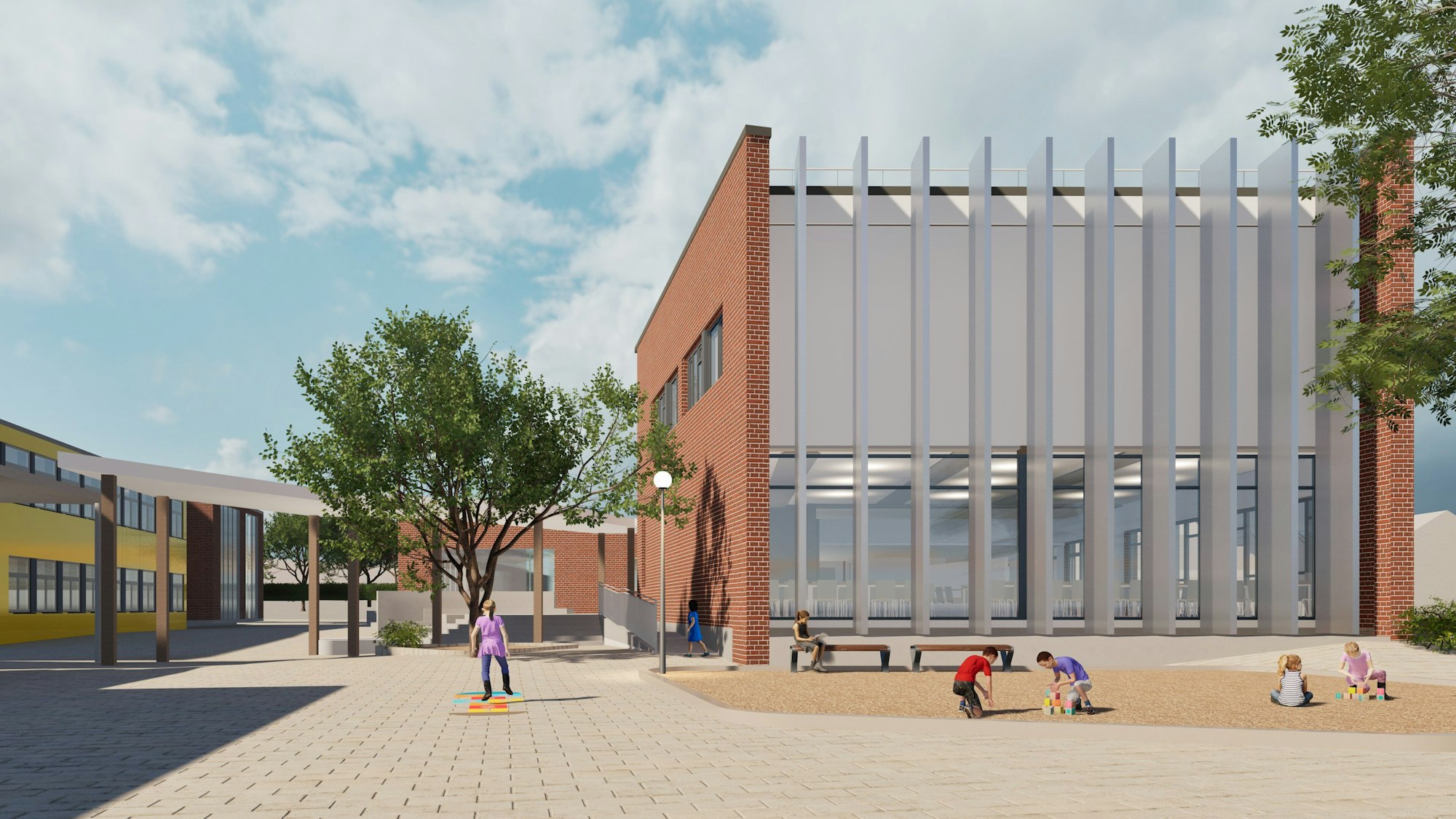 Zu sehen ist eine Visualisierung des geplanten Neubaus an der Rochusschule.