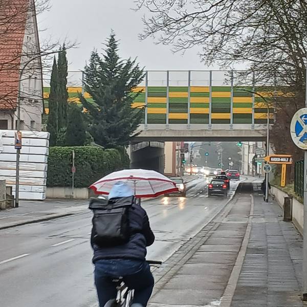 Ein Radfahrer hält einen Regenschirm und fährt eine Straße entlang.