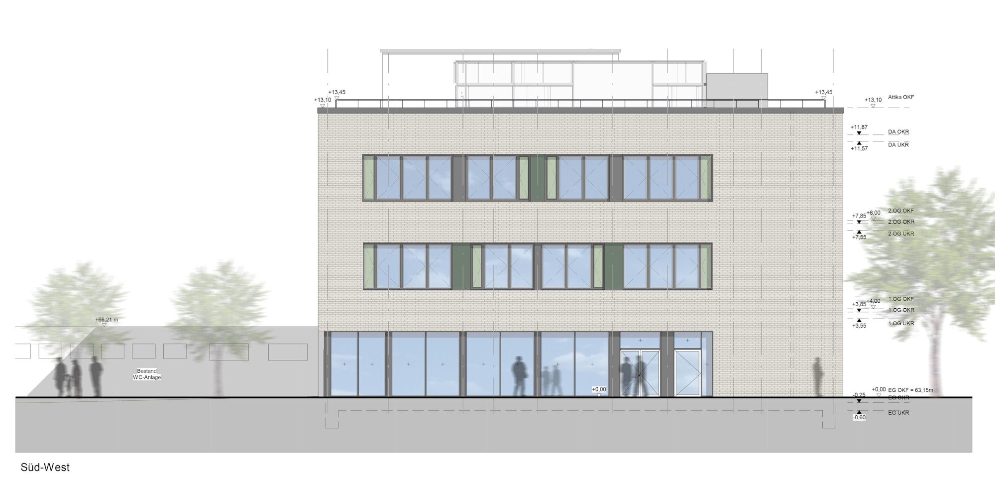 Das Bild zeigt eine Zeichnung für den Erweiterungsbau, ein eckiges Gebäude dane,ben ein paar Bäume.