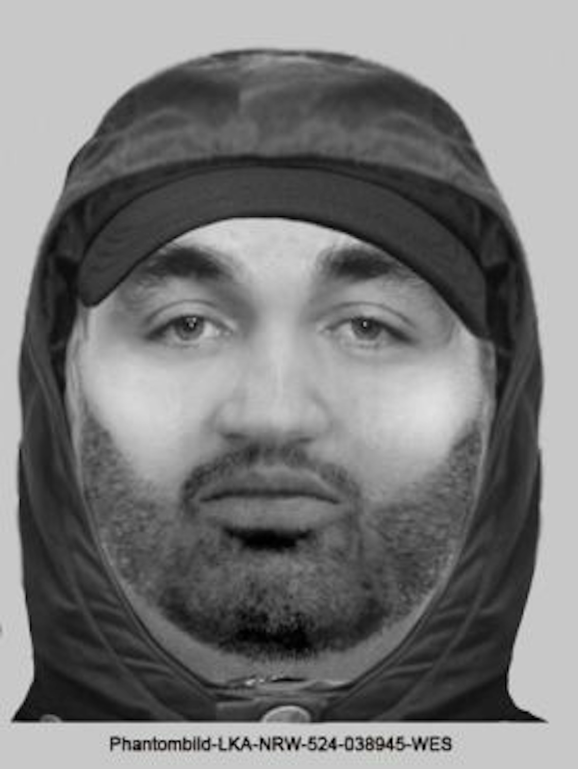 Die Zeichnung zeigt das Gesicht eines rundlichen Mannes mit Drei-Tag-Bart, schwarzer Kappe und Kapuze.