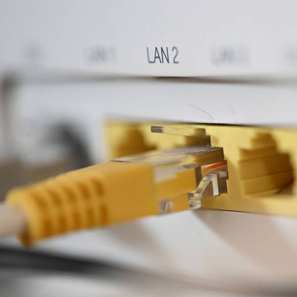 Ein LAN-Kabel steckt in einem Router.
