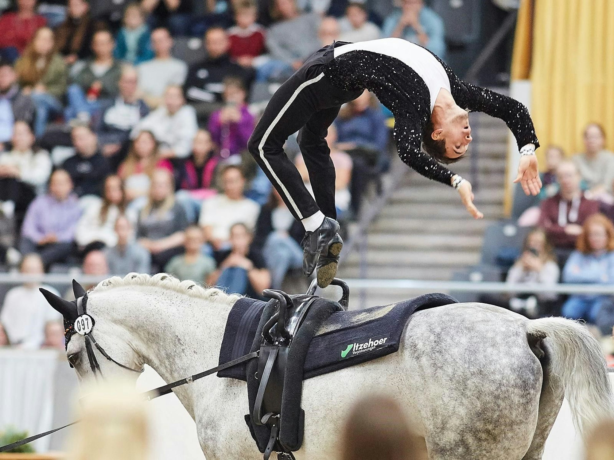 Thomas Brüsewitz turnt einen Flickflack auf dem Pferd William. Er trägt ein Michael-Jackson-Outfit.