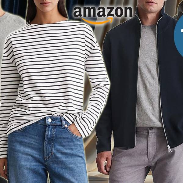 Das Bild zeigt verschiedene Kleidungsstücke der Marke Marc O'Polo, welche von Damen und Herren getragen werden. Unter anderem sind eine Steppjacke, ein grauer Pullover mit Schriftzug sowie ein gestreiftes Oberteil abgebildet.