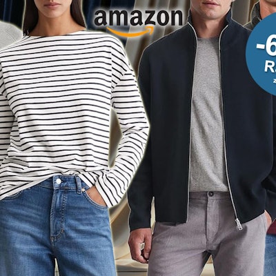 Das Bild zeigt verschiedene Kleidungsstücke der Marke Marc O'Polo, welche von Damen und Herren getragen werden. Unter anderem sind eine Steppjacke, ein grauer Pullover mit Schriftzug sowie ein gestreiftes Oberteil abgebildet.