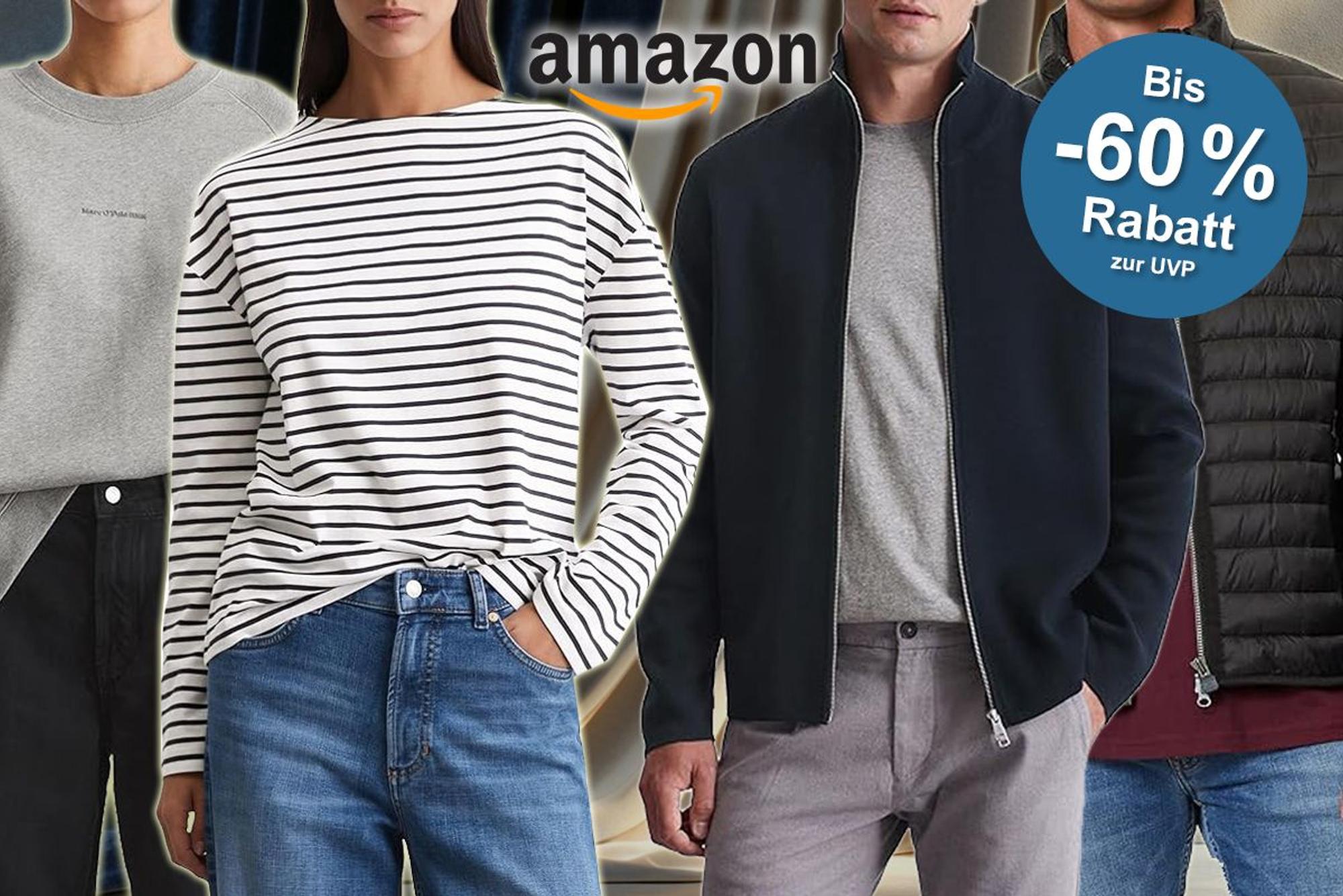 Das Bild zeigt verschiedene Kleidungsstücke der Marke Marc O'Polo, welche von Damen und Herren getragen werden. Unter anderem sind eine Steppjacke, ein grauer Pullover mit Schriftzug sowie ein gestreiftes Oberteil abgebildet.