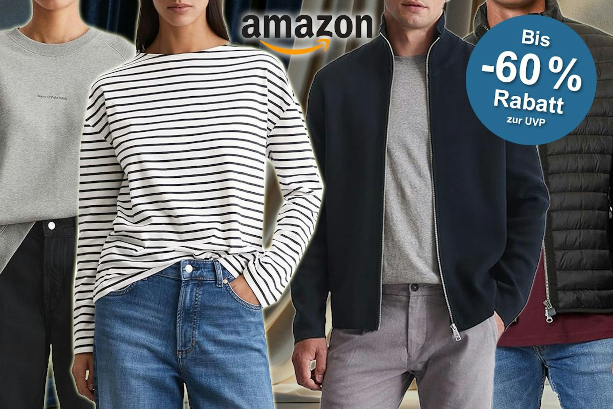 Das Bild zeigt verschiedene Kleidungsstücke der Marke Marc O'Polo, welche von Damen und Herren getragen werden. Unter anderem sind eine Steppjacke, ein grauer Pullover mit Schriftzug sowie ein gestreiftes Oberteil abgebildet.