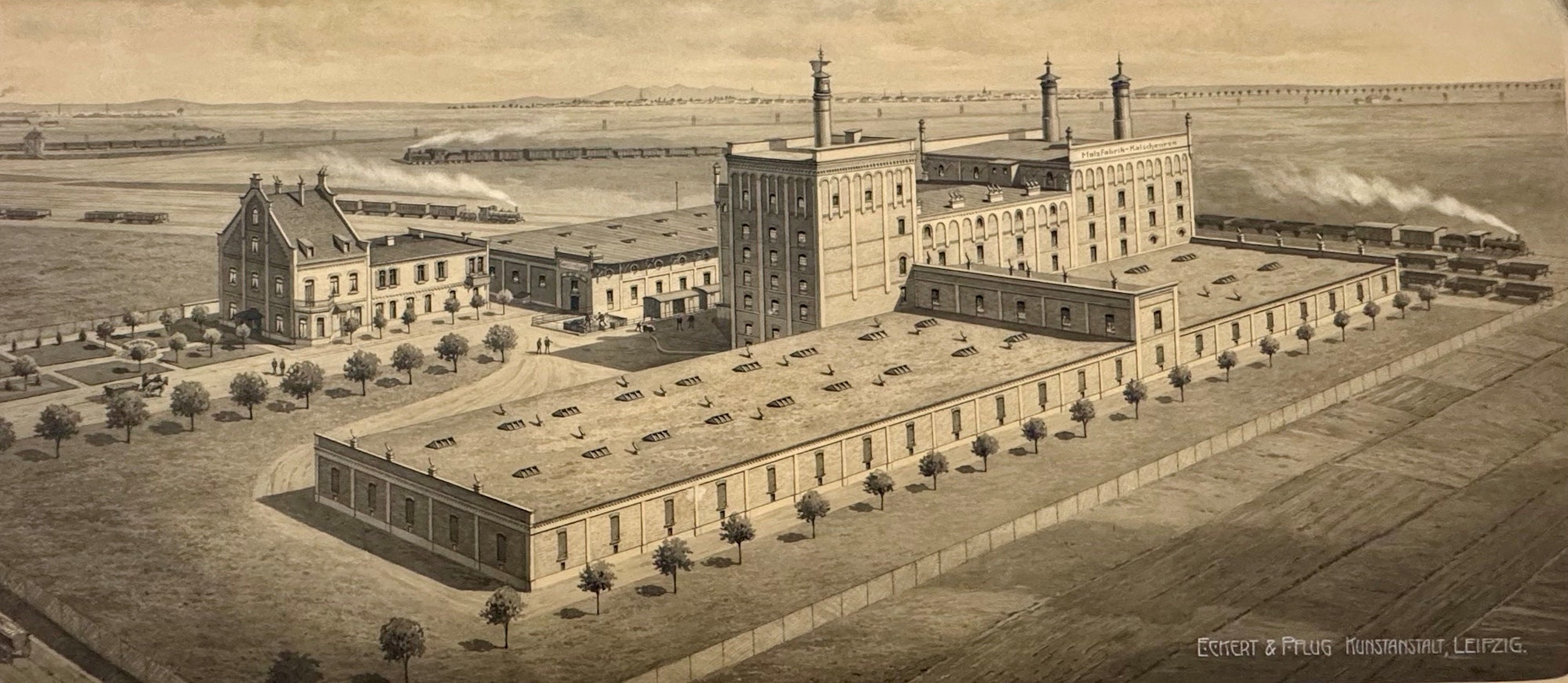 Ein Stich mit einer alten Ansicht der Malzfabrik.