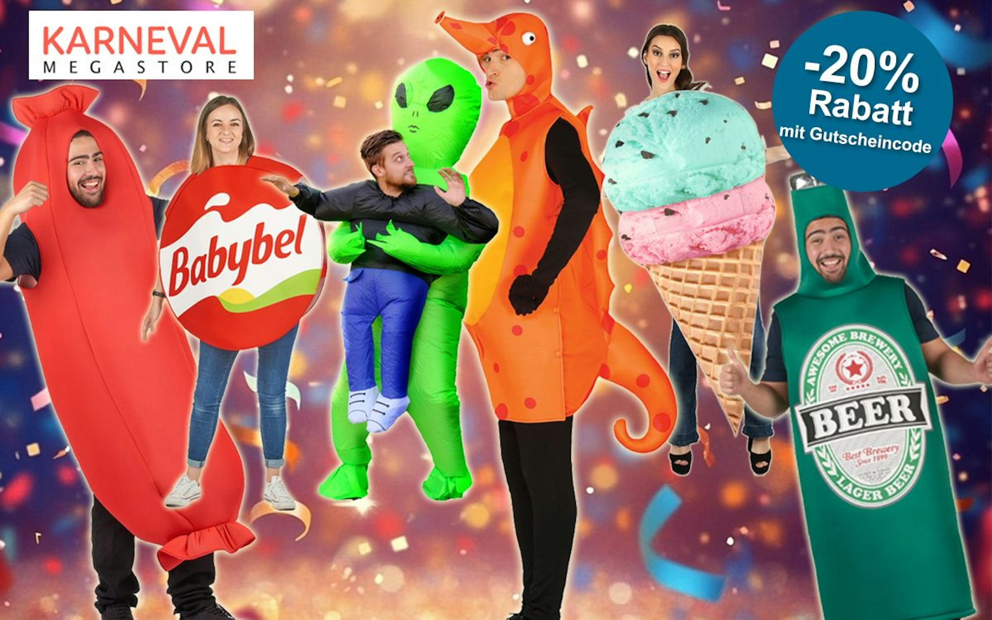 Auf dem Bild sind verschiedene lustige Karnevalskostüme zu sehen, zum Beispiel ein Hot Dog Kostüm, ein Babybel Kostüm, ein Seepferdchen Kostüm, ein Bier Kostüm und mehr. Die Kostüme sind vor einem bunten Hintergrund mit Konfetti platziert.