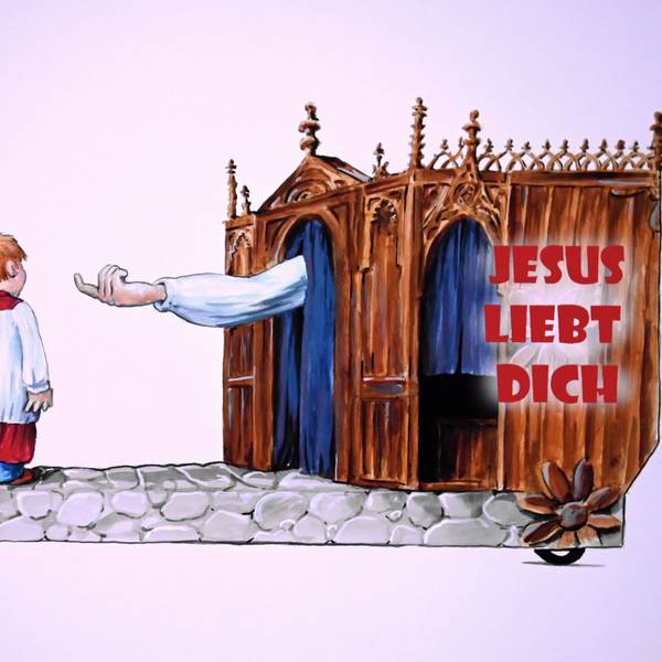 Auf der Skizze zu einem Motivwagen für den Kölner Rosenmontagszug ist auf der rechten Seite ein Beichtstuhl mit der Aufschrift „Jesus liebt dich“ abgebildet, aus dem ein Arm mit ausgestreckter Hand ragt, die einen jungen Messdiener, der auf linken Seite steht, anzulocken versucht.