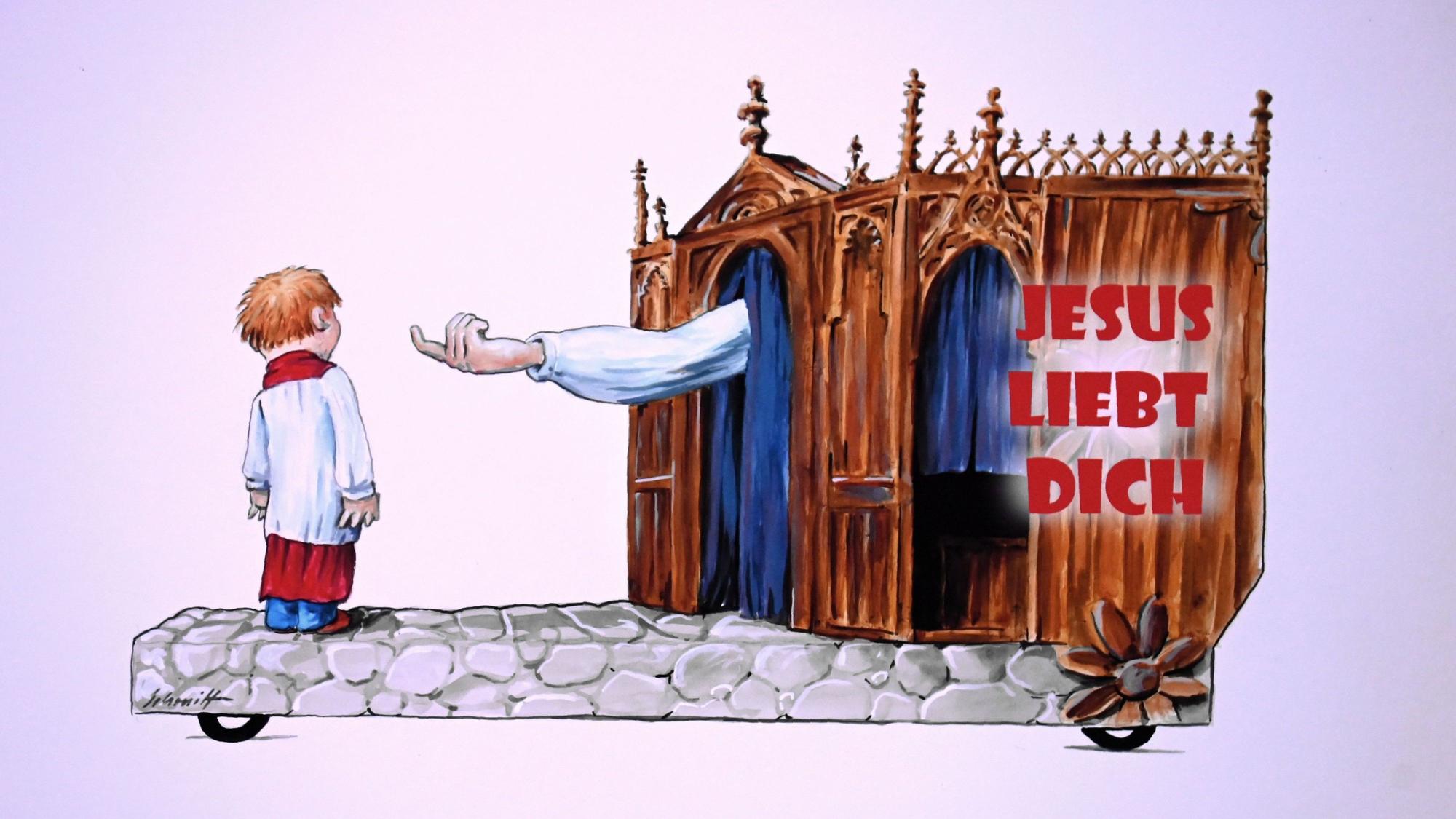 Ein Wagen mit einem Beichtstuhl, auf dem „Jesus liebt dich“ steht. Aus dem Beichtstuhl ragt der Arm eines Priesters, mit gekrümmtem Zeigefinger lockt er einen Jungen im Messdienergewand zu sich.