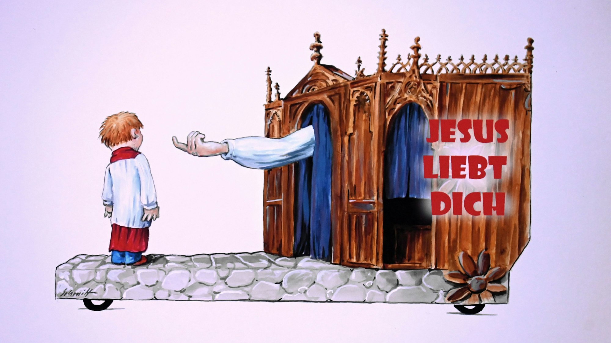 Ein Wagen mit einem Beichtstuhl, auf dem „Jesus liebt dich“ steht. Aus dem Beichtstuhl ragt der Arm eines Priesters, mit gekrümmtem Zeigefinger lockt er einen Jungen im Messdienergewand zu sich.