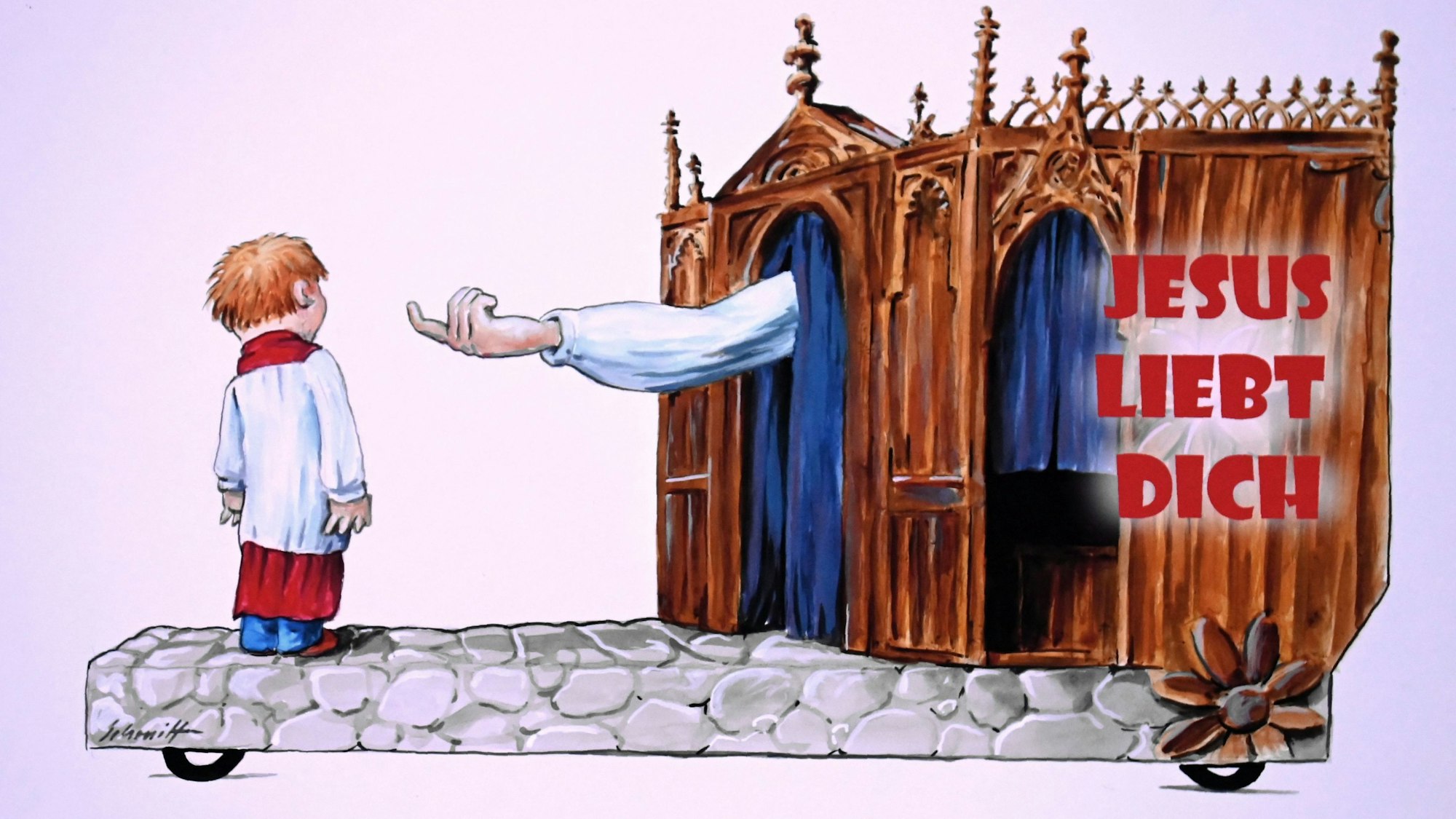 Auf der Skizze zu einem Motivwagen für den Kölner Rosenmontagszug ist auf der rechten Seite ein Beichtstuhl mit der Aufschrift „Jesus liebt dich“ abgebildet, aus dem ein Arm mit ausgestreckter Hand ragt, die einen jungen Messdiener, der auf linken Seite steht, anzulocken versucht.