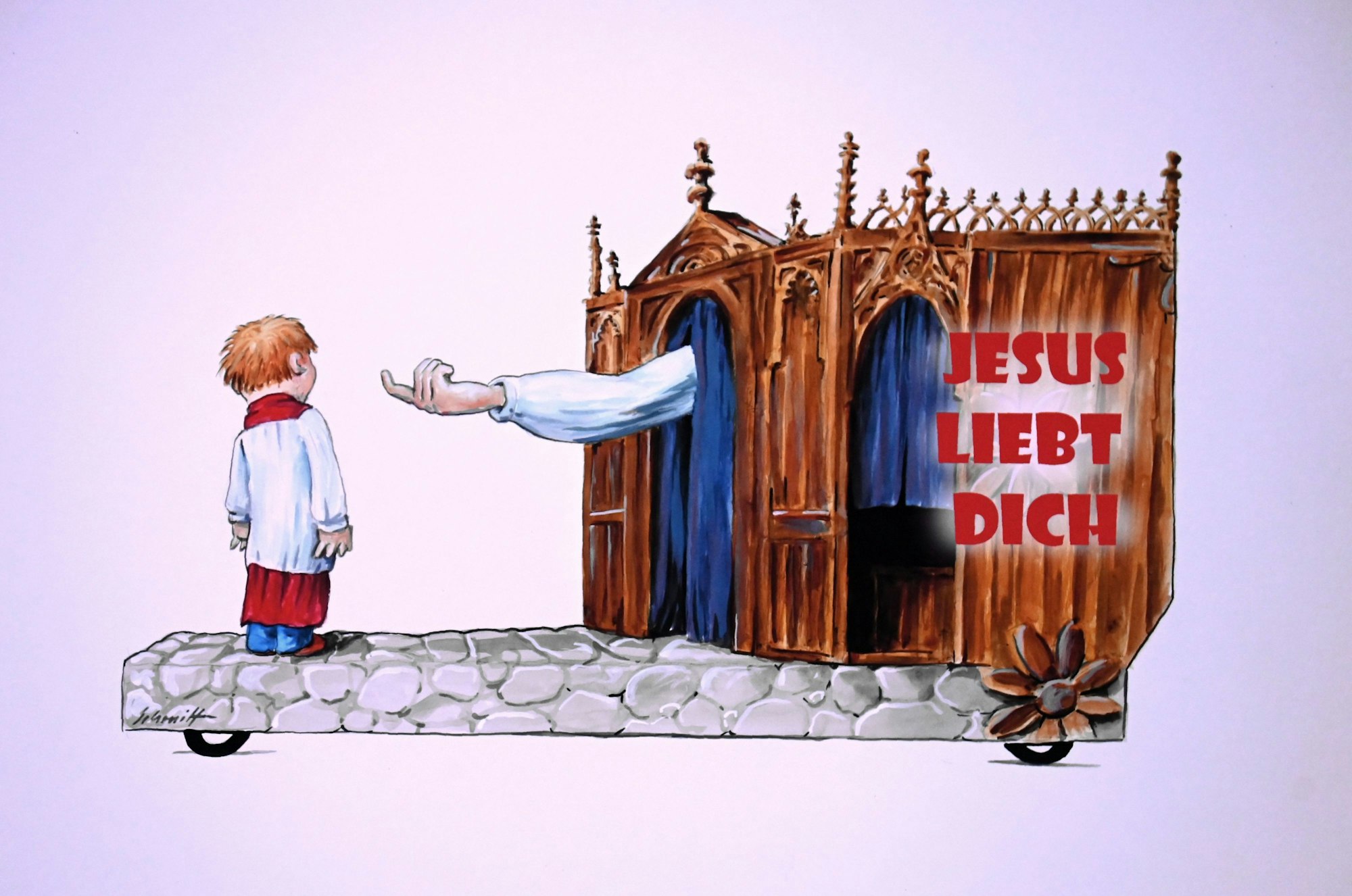 Skizze der Persiflage mit der Aufschrift „Jesus liebt dich“. Der Arm eines Mannes ragt aus einem Beichtstuhl und winkt einen verängstigten Jungen zu sich.