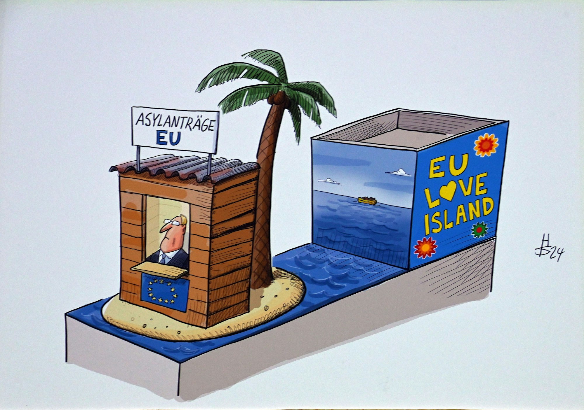 Skizze einer Persiflage. Auf einer einsamen Insel im Meer steht eine Holzbude mit der Aufschrift „Asylanträge EU“.