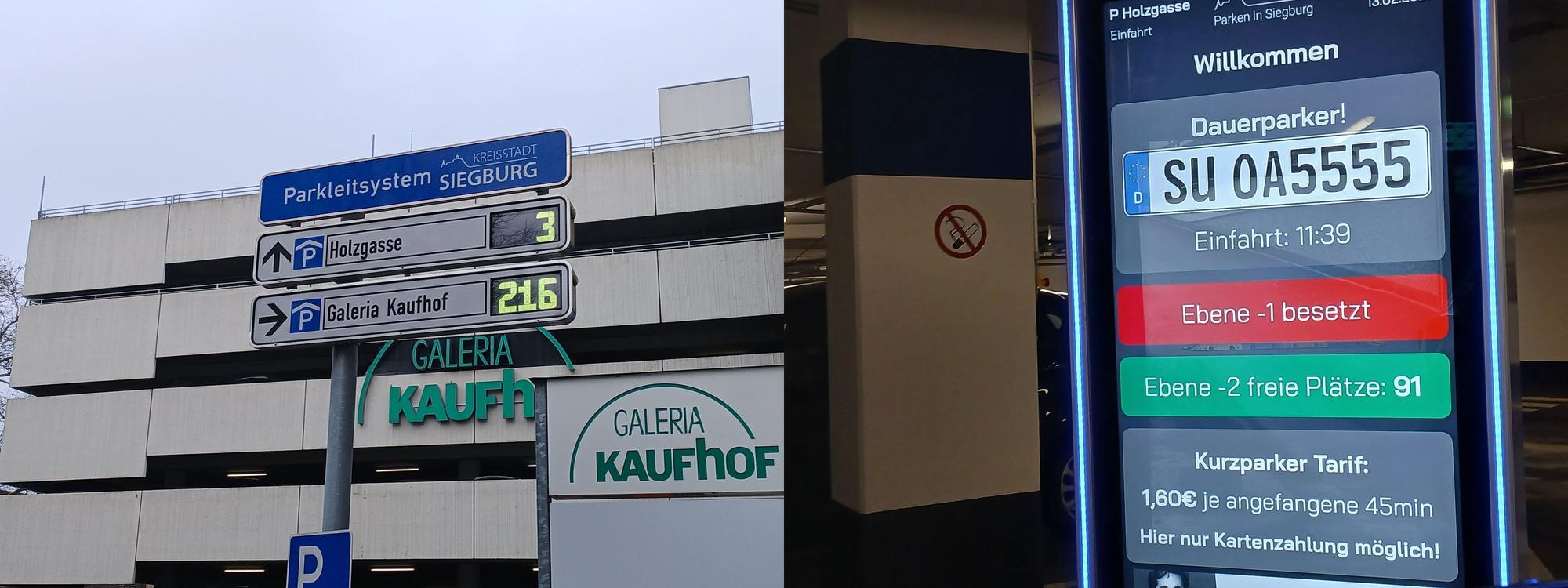 Zwei Anzeigetafeln zu freien Parkplätzen in einer Tiefgarage.