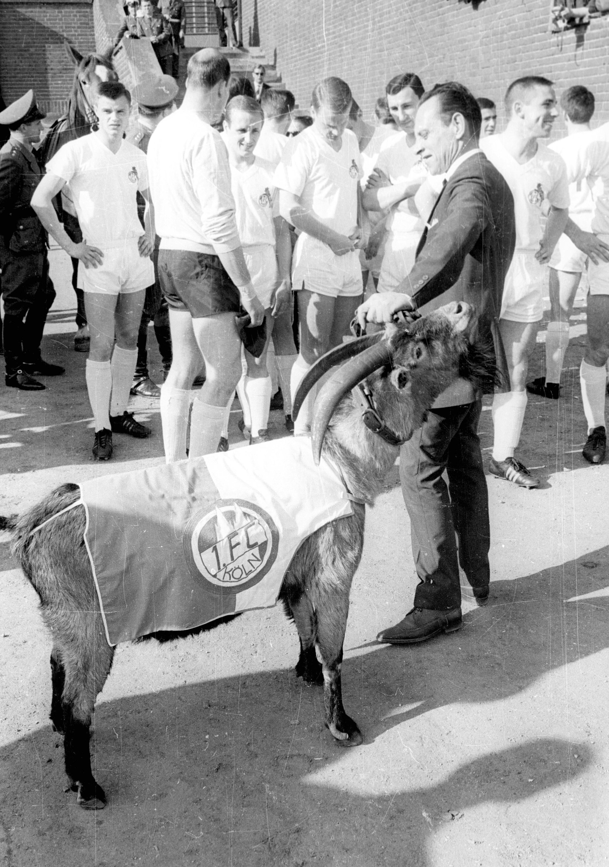 Hennes vor einem Spiel gegen den VfB Stuttgart mit den FC-Spielern der Meistermannschaft 1964