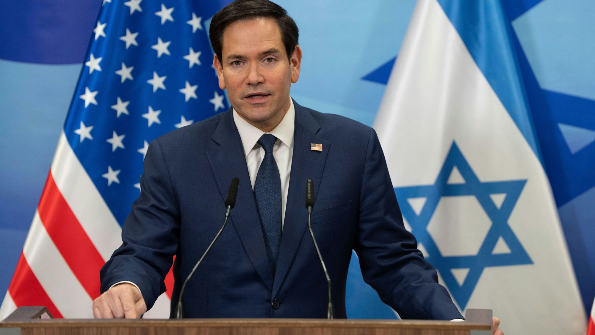 US-Außenminister Marco Rubio nimmt an einer gemeinsamen Pressekonferenz mit dem israelischen Ministerpräsidenten Netanjahu im Büro des Ministerpräsidenten teil.